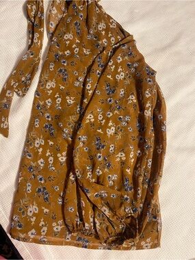 Floral Tie-Neck Women's Dress in Mustard